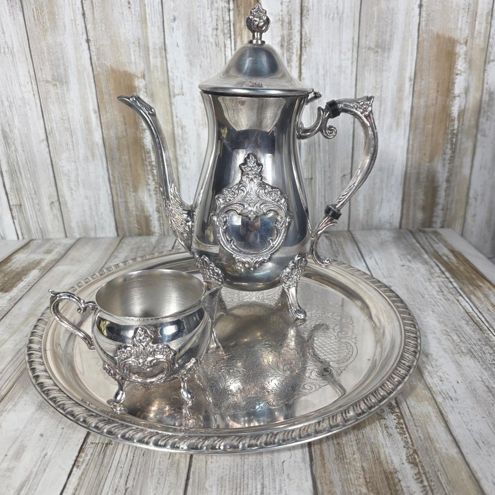 Leonard Silver Plated Tea Set 3pc Ornate Teapot Creamer and Etched Serving Tray - Picture 7 of 16